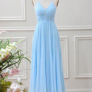 Sky Blue A Line Halter Pleated Chiffon Long Dress