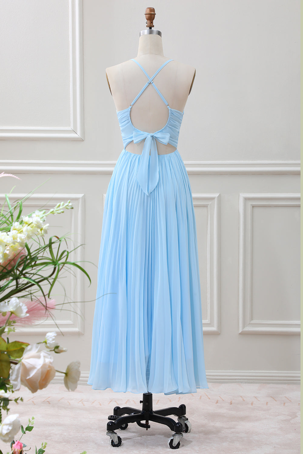 Sky Blue A Line Halter Pleated Chiffon Long Dress - Image 2