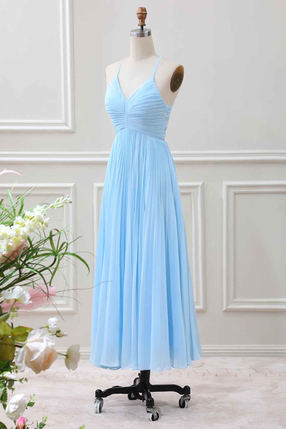 Sky Blue A Line Halter Pleated Chiffon Long Dress - Image 3