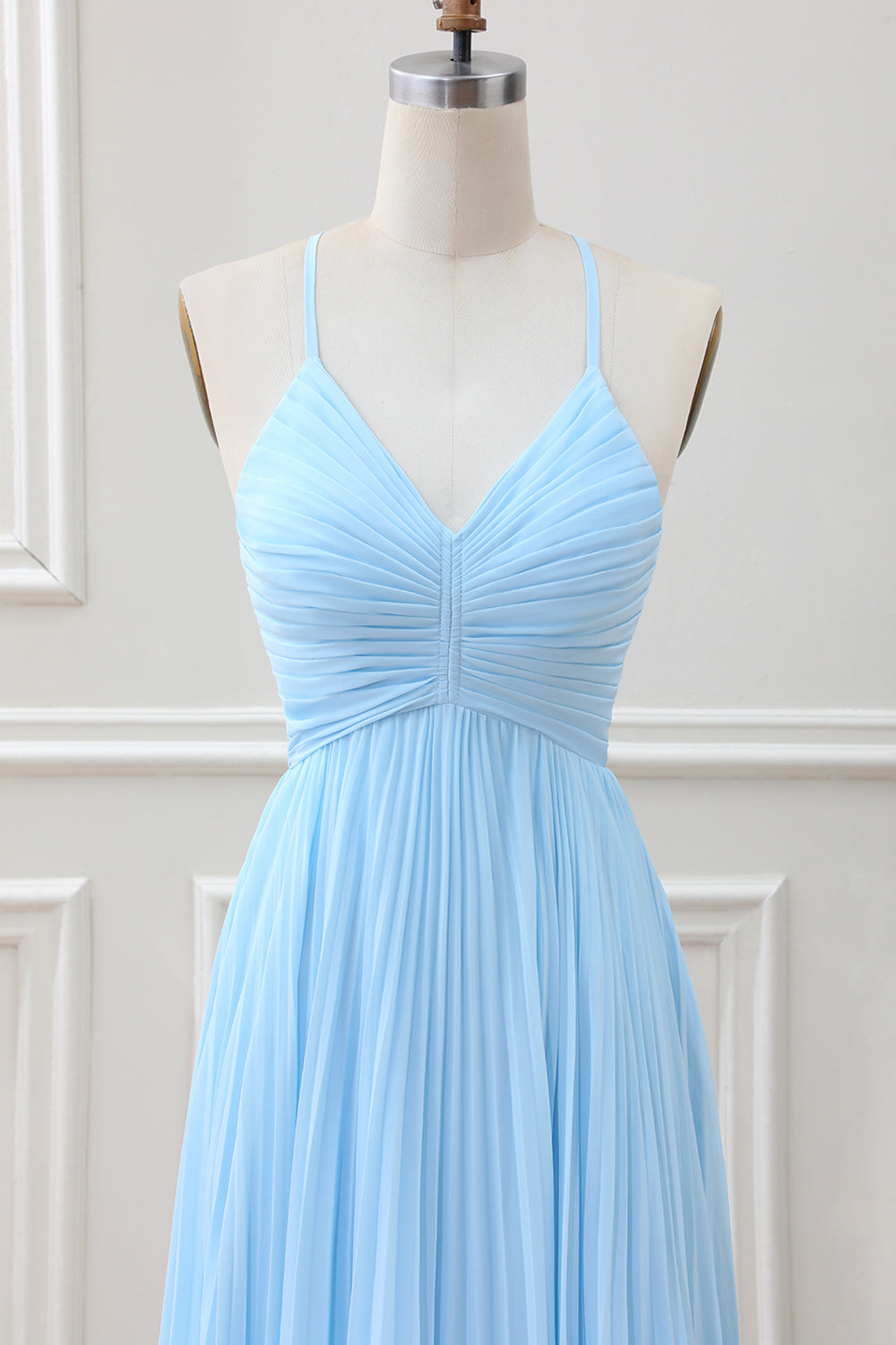 Sky Blue A Line Halter Pleated Chiffon Long Dress - Image 4