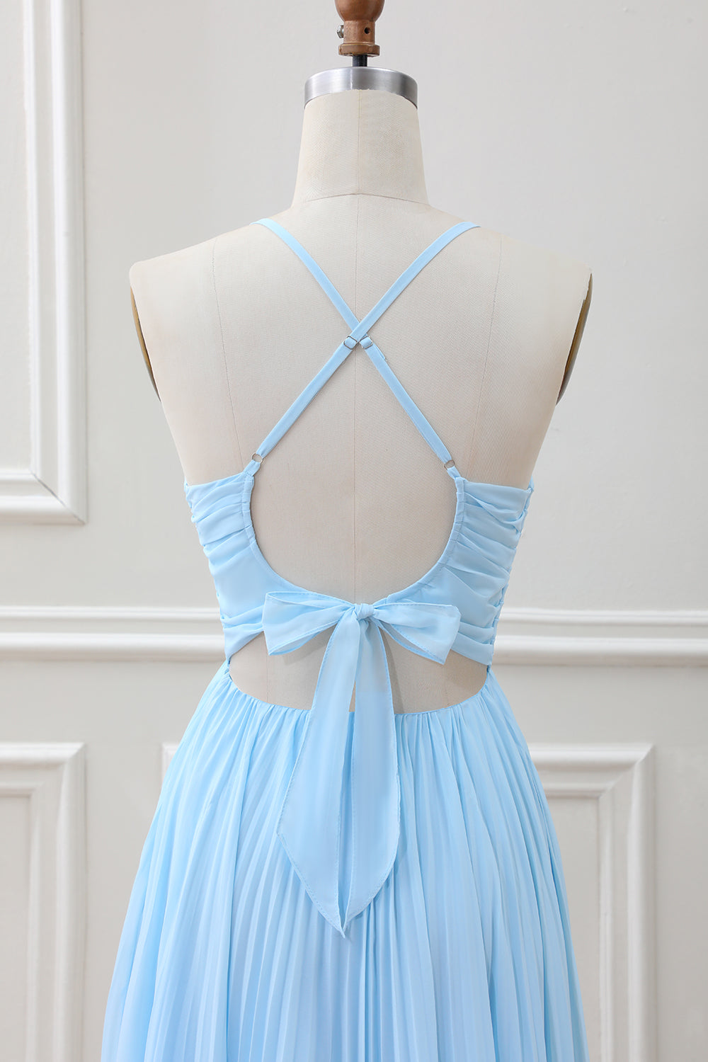 Sky Blue A Line Halter Pleated Chiffon Long Dress - Image 5