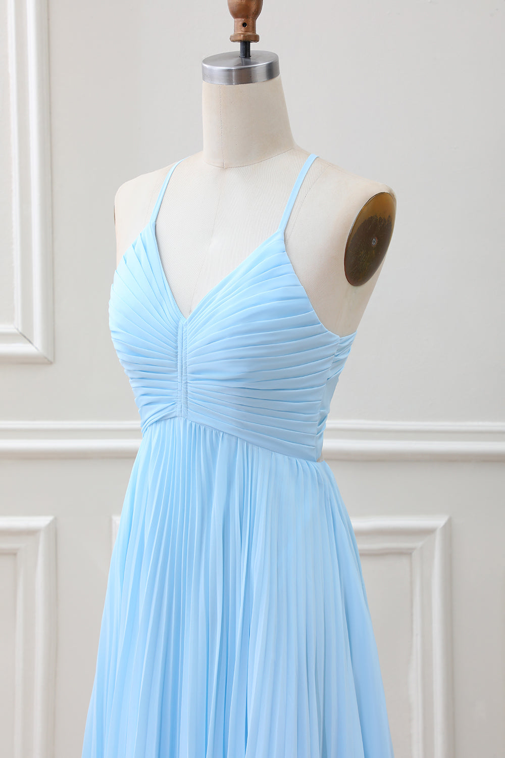Sky Blue A Line Halter Pleated Chiffon Long Dress - Image 6