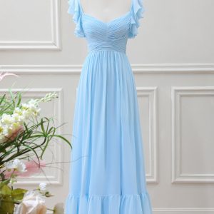 Sky Blue A Line Chiffon Tea-Length Dress with Ruffle Sleeves