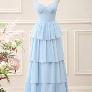 Sky Blue Ruffled Chiffon A Line Tiered Maxi Dress