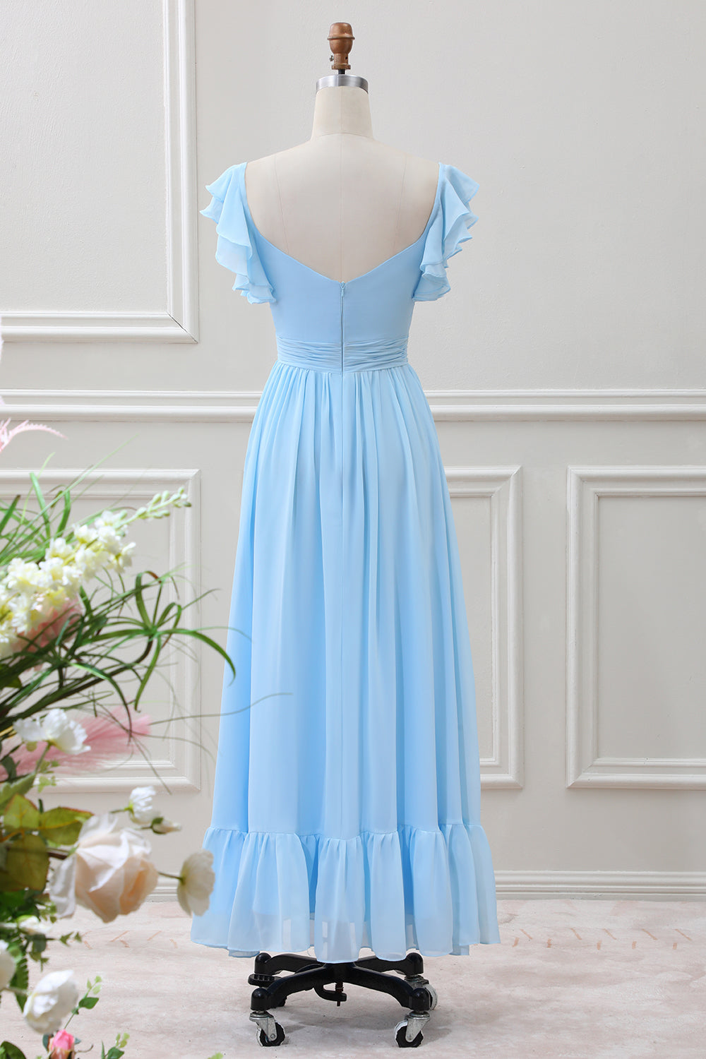 Sky Blue A Line Chiffon Tea-Length Dress with Ruffle Sleeves - Image 2