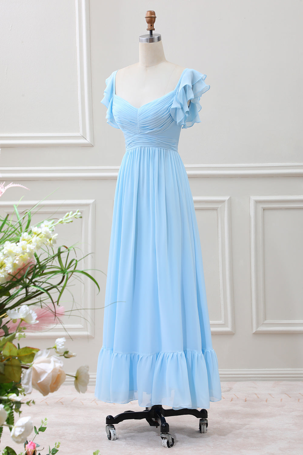 Sky Blue A Line Chiffon Tea-Length Dress with Ruffle Sleeves - Image 3
