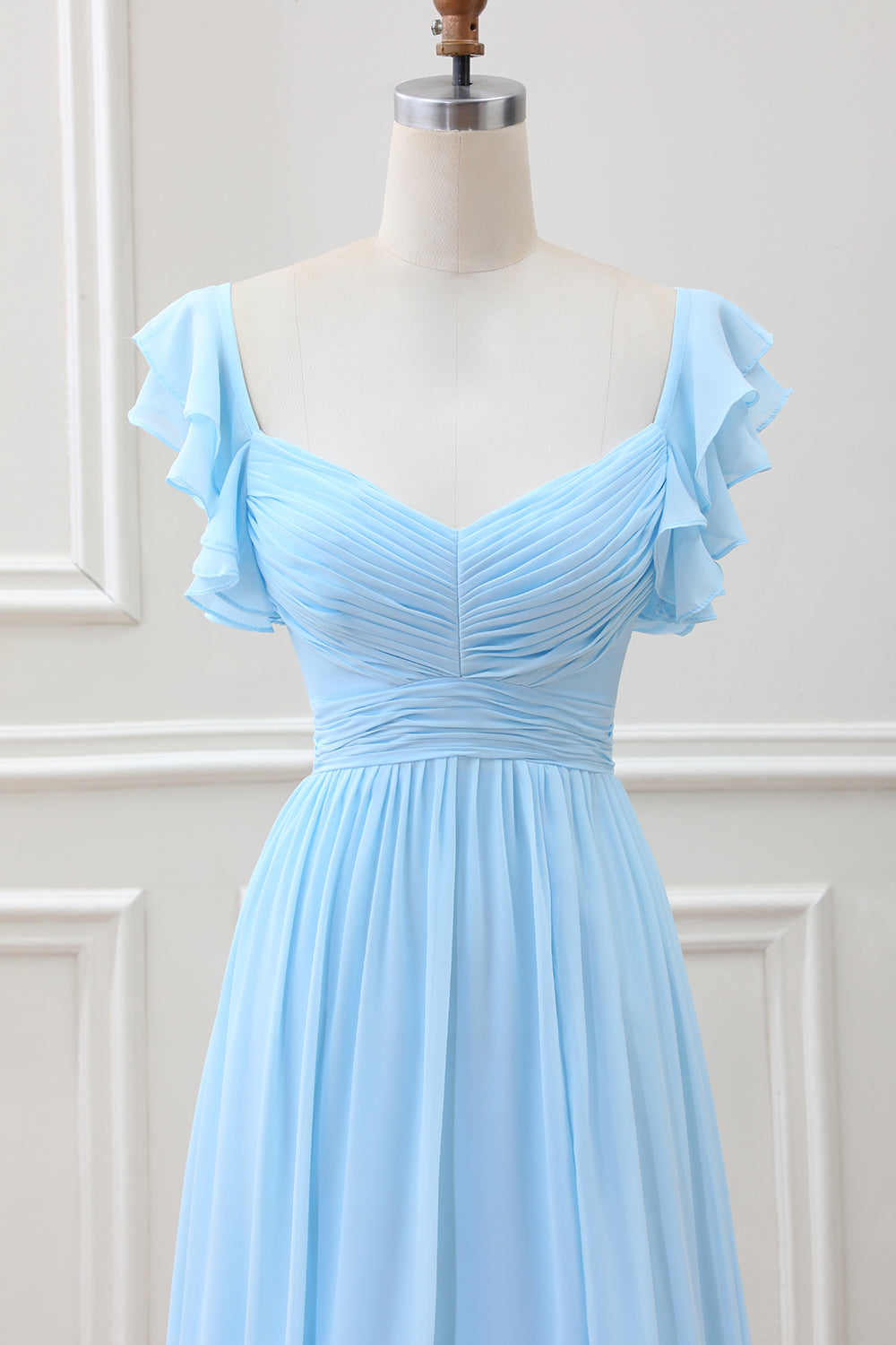 Sky Blue A Line Chiffon Tea-Length Dress with Ruffle Sleeves - Image 4