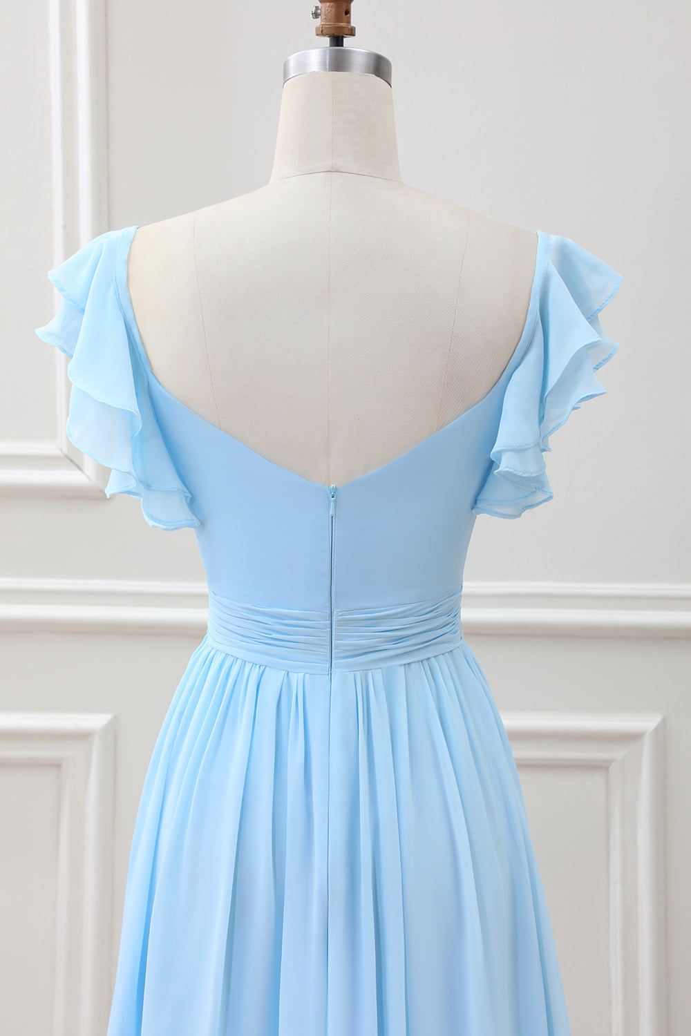 Sky Blue A Line Chiffon Tea-Length Dress with Ruffle Sleeves - Image 5
