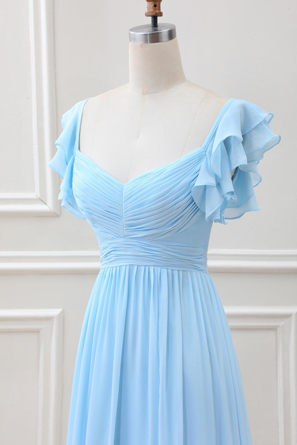 Sky Blue A Line Chiffon Tea-Length Dress with Ruffle Sleeves - Image 6