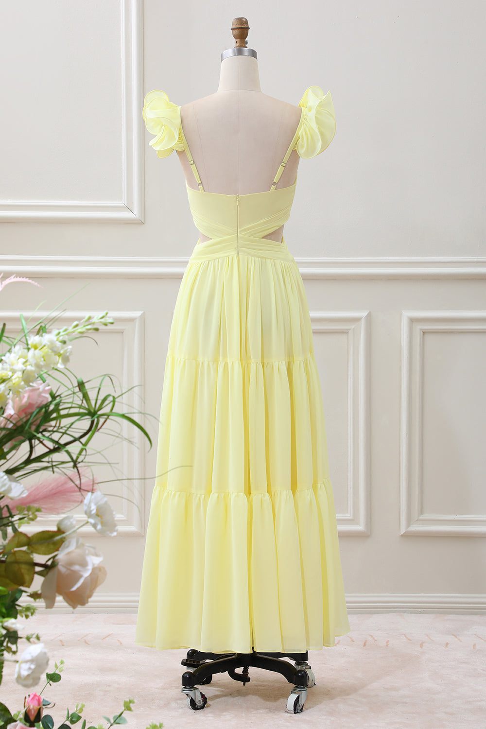 Simple Lemon Yellow A Line Pleated Ruffled Wedding Guest Dress - Image 2