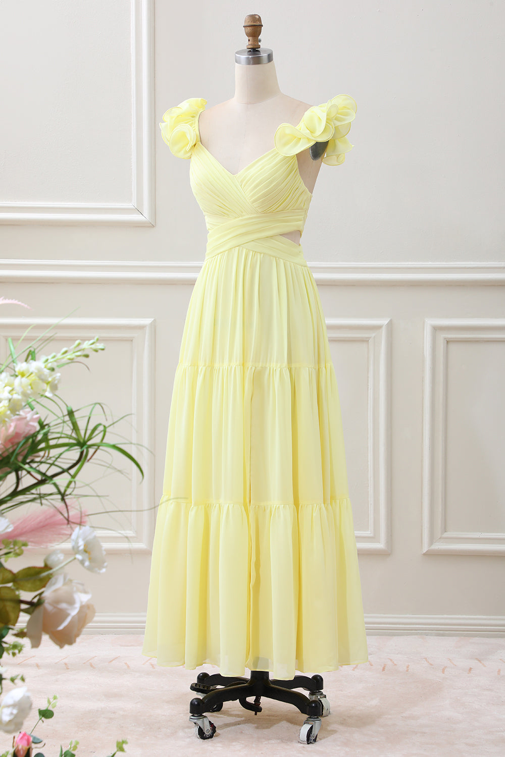 Simple Lemon Yellow A Line Pleated Ruffled Wedding Guest Dress - Image 3