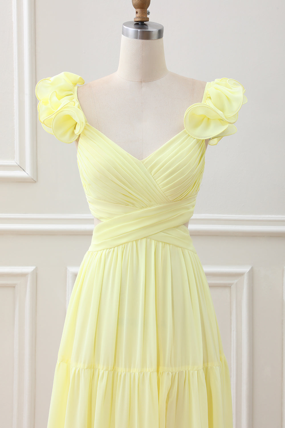 Simple Lemon Yellow A Line Pleated Ruffled Wedding Guest Dress - Image 4