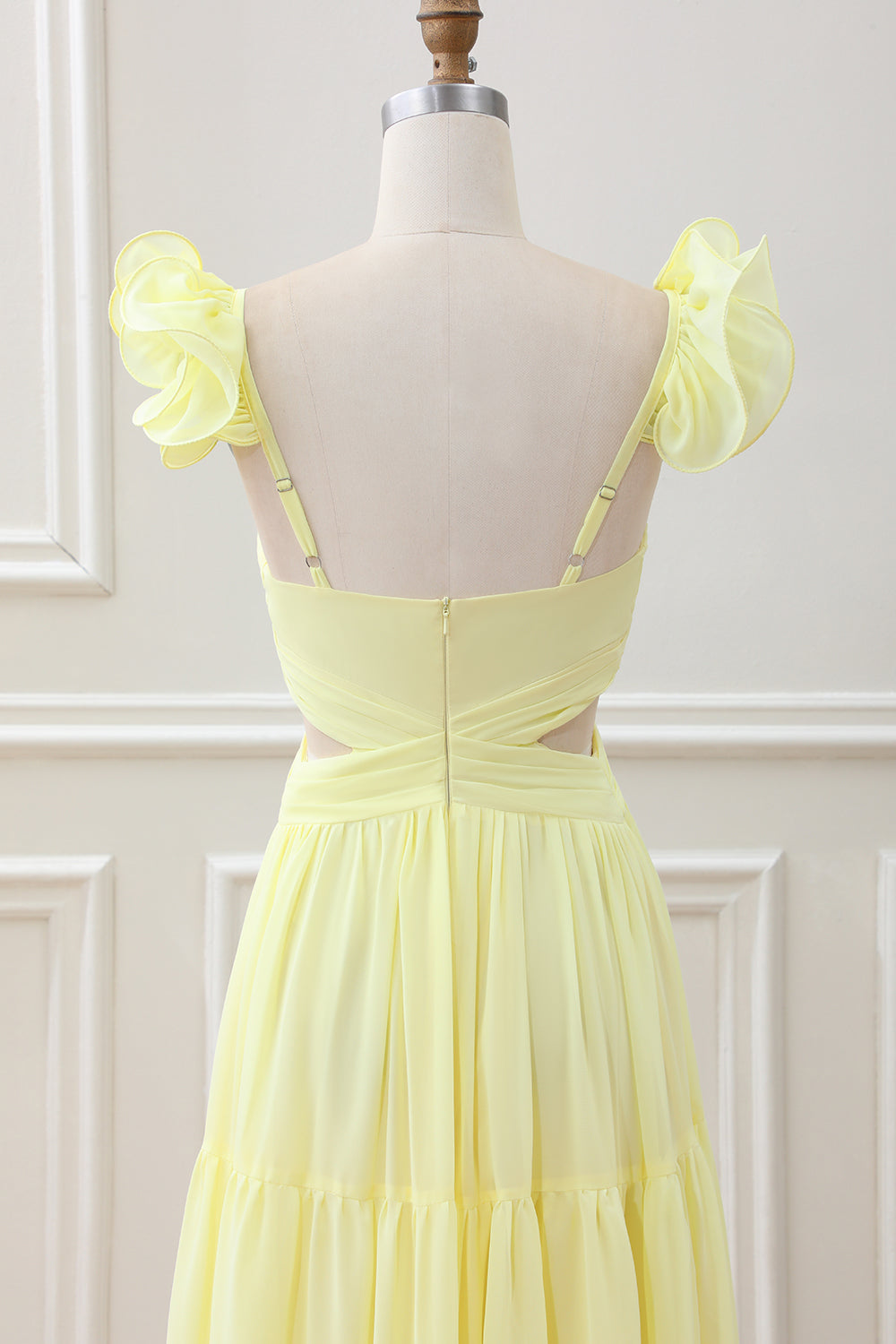 Simple Lemon Yellow A Line Pleated Ruffled Wedding Guest Dress - Image 5