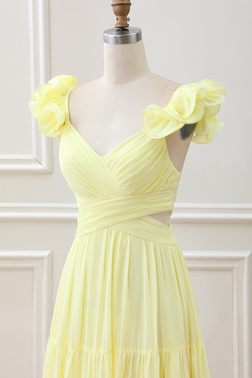 Simple Lemon Yellow A Line Pleated Ruffled Wedding Guest Dress - Image 6