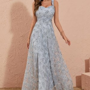 Silver Grey A Line Floral Embroidery Maxi Dress with Slit