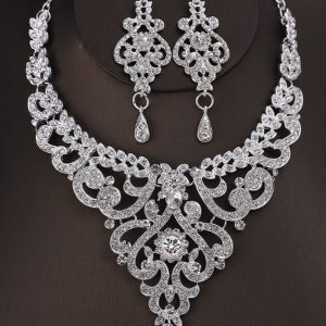 Silver Vintage Sparkling Glass Necklace Set For Wedding Party