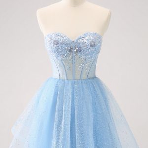 Sky Blue A Line Sweetheat Corset Tulle Mini Dress with Sequins