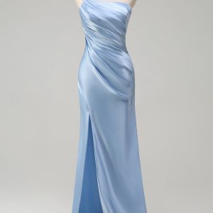 Sky Blue Ruched Satin Bridesmaid Dress with Slit
