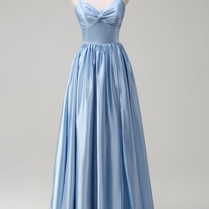 Sky Blue A Line Pleated Hollow Out Bridesmaid Dress with Bow