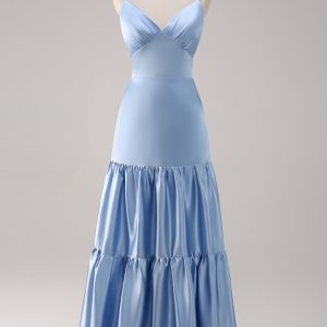 Sky Blue A Line Spaghetti Straps Satin Maxi Bridesmaid Dress