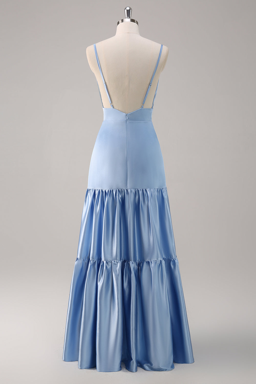 Sky Blue A Line Spaghetti Straps Satin Maxi Bridesmaid Dress - Image 2