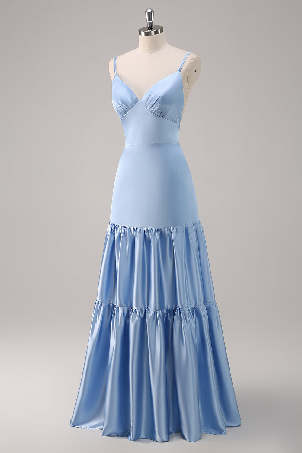Sky Blue A Line Spaghetti Straps Satin Maxi Bridesmaid Dress - Image 3