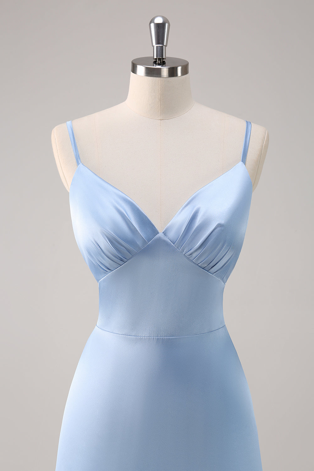 Sky Blue A Line Spaghetti Straps Satin Maxi Bridesmaid Dress - Image 4