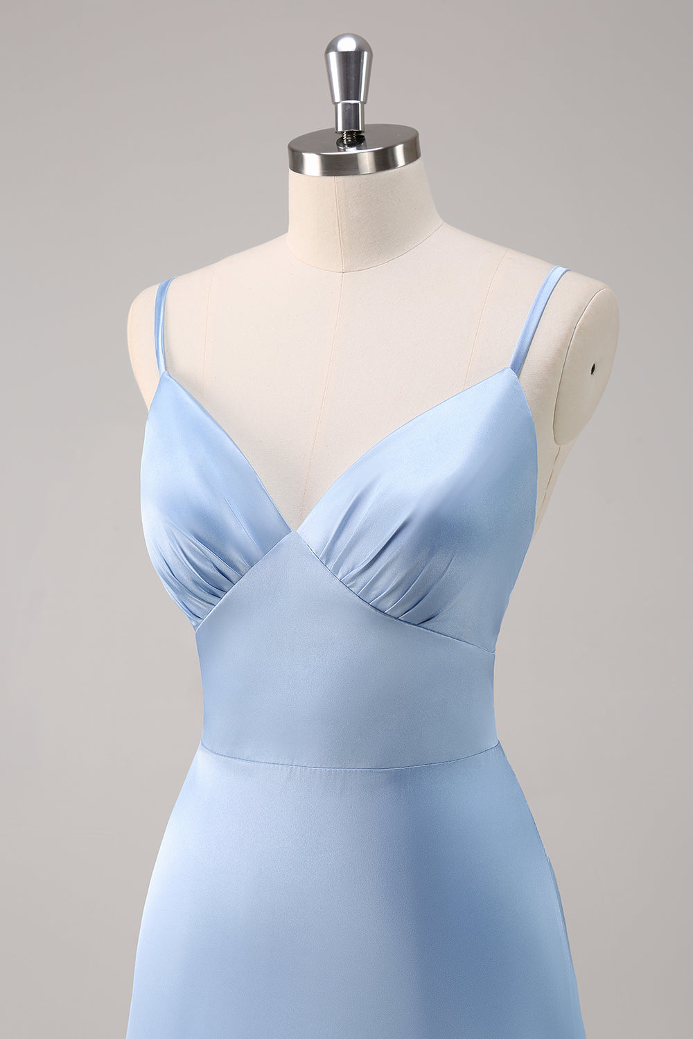 Sky Blue A Line Spaghetti Straps Satin Maxi Bridesmaid Dress - Image 6