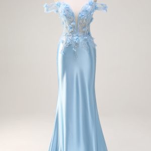 Sky Blue Corset Off the Shoulder Mermaid Prom Dress with 3D Appliques