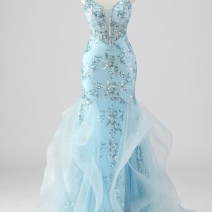 Sky Blue Mermaid Spaghetti Straps Sequin Corset Long Prom Dress with Ruffles