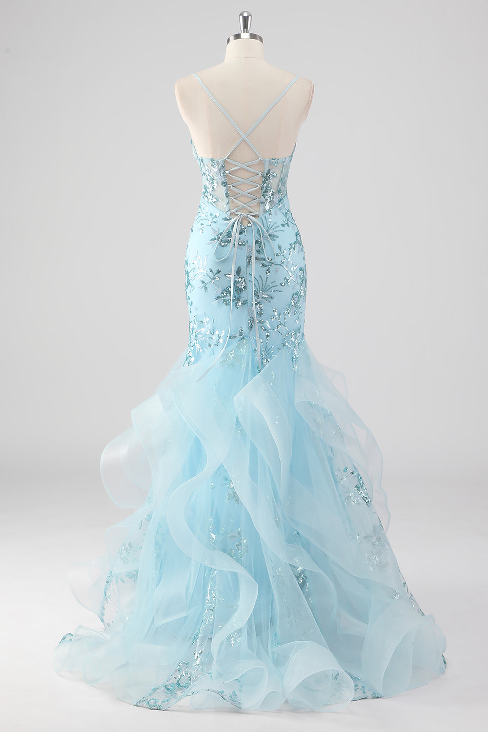 Sky Blue Mermaid Spaghetti Straps Sequin Corset Long Prom Dress with Ruffles - Image 2