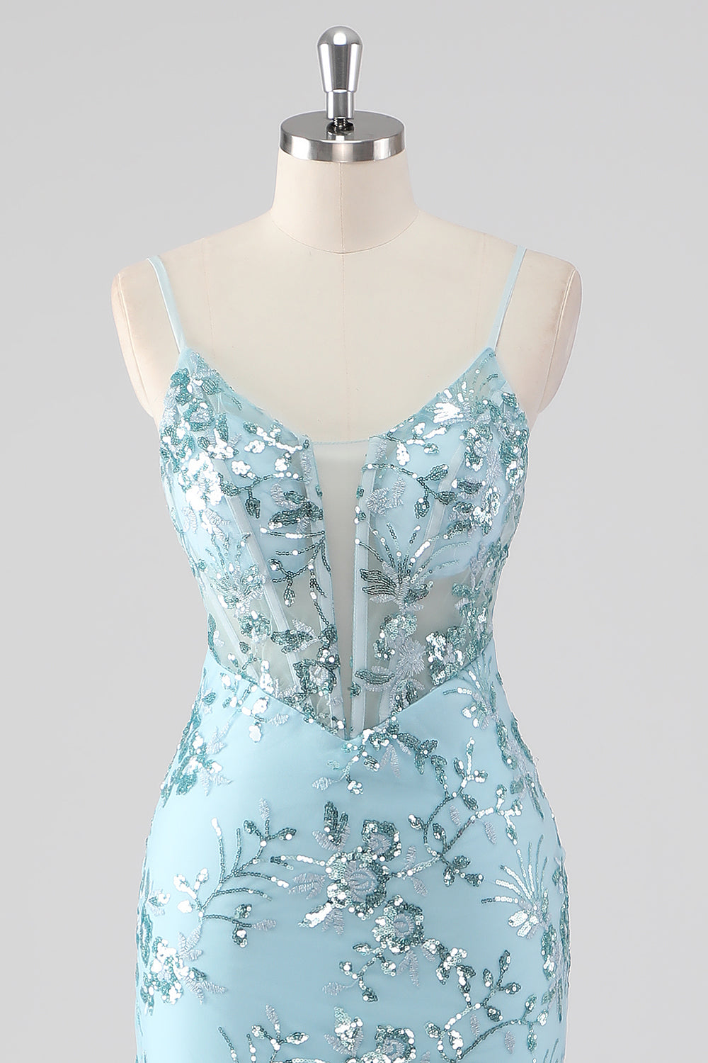 Sky Blue Mermaid Spaghetti Straps Sequin Corset Long Prom Dress with Ruffles - Image 4