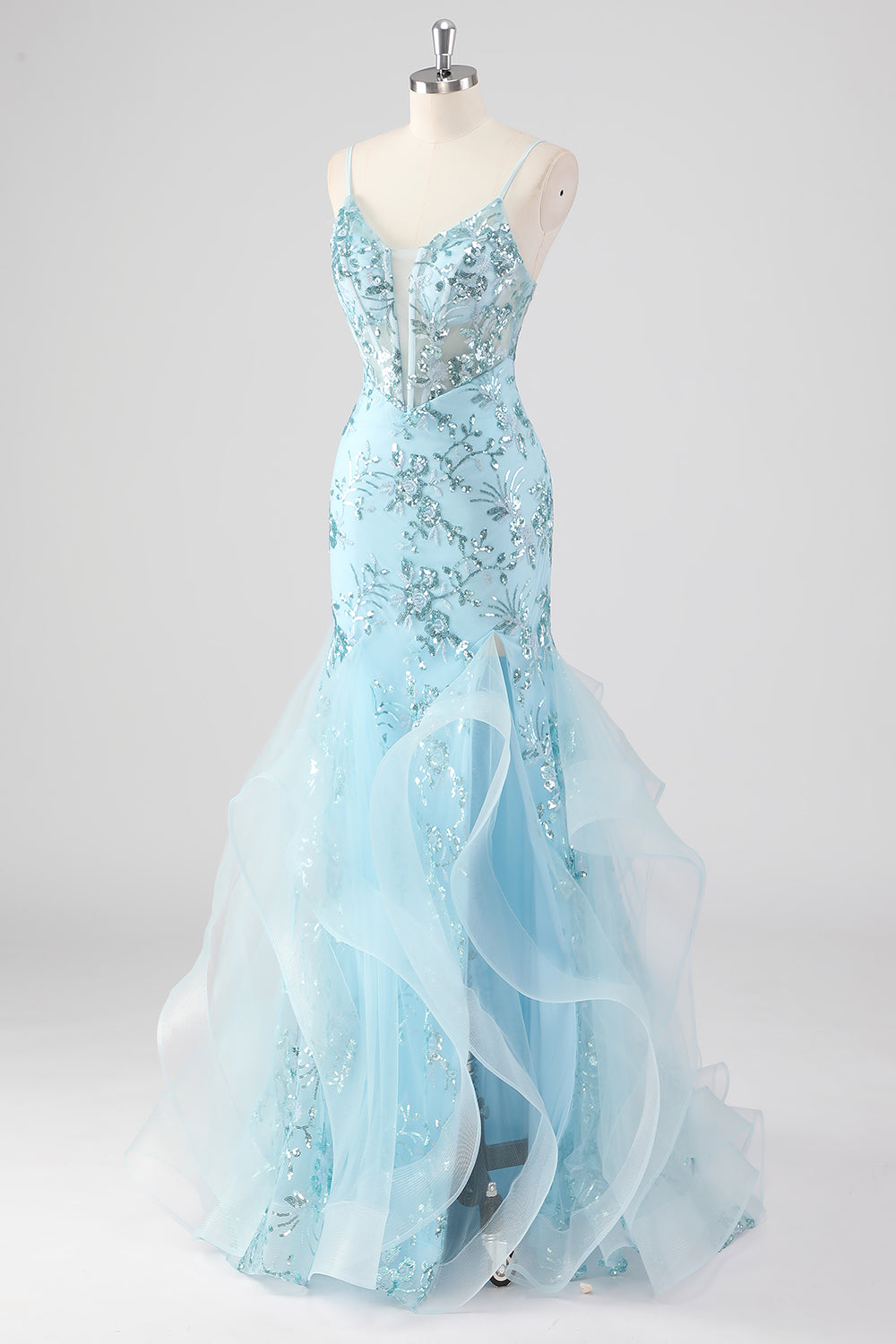 Sky Blue Mermaid Spaghetti Straps Sequin Corset Long Prom Dress with Ruffles - Image 3
