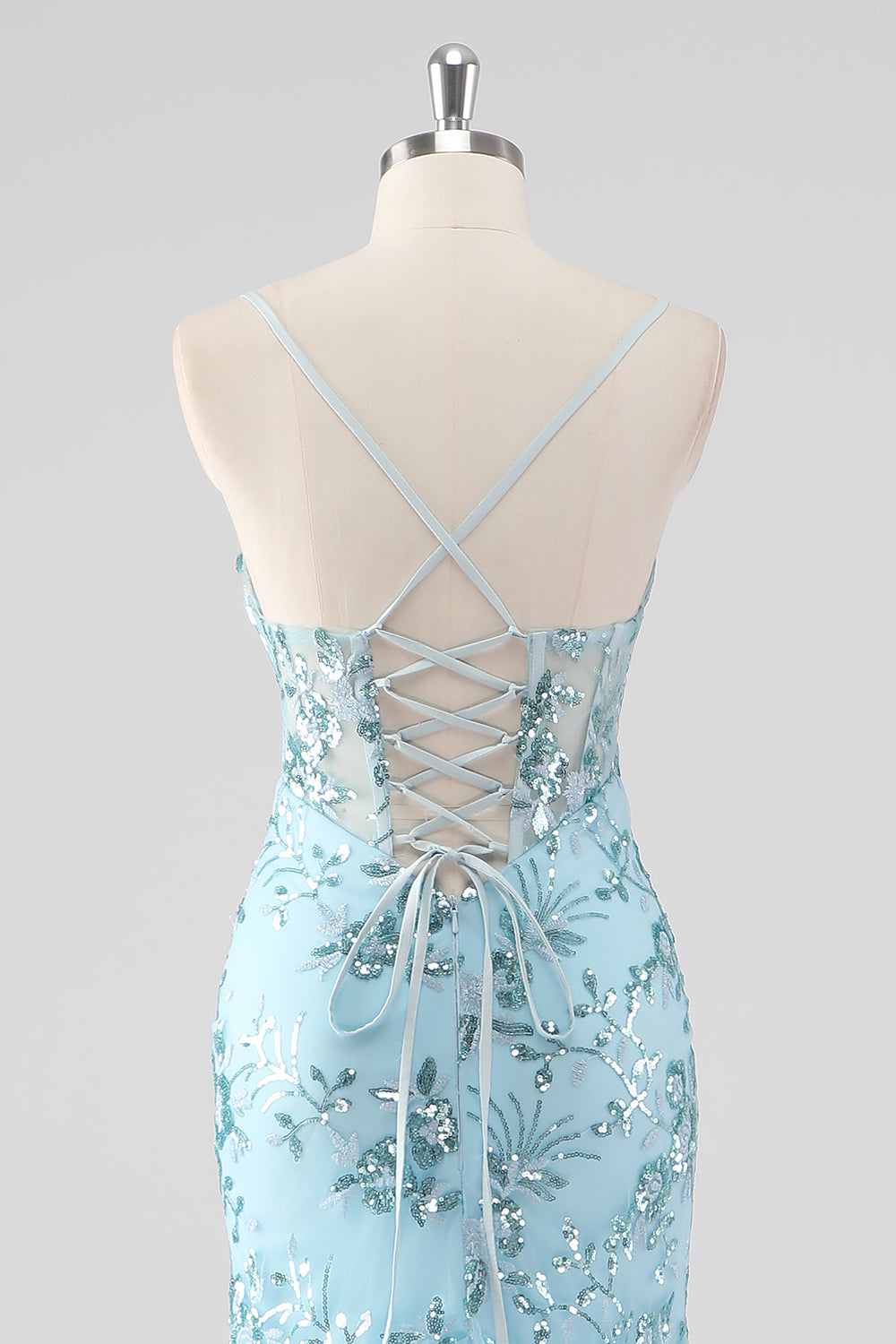 Sky Blue Mermaid Spaghetti Straps Sequin Corset Long Prom Dress with Ruffles - Image 5