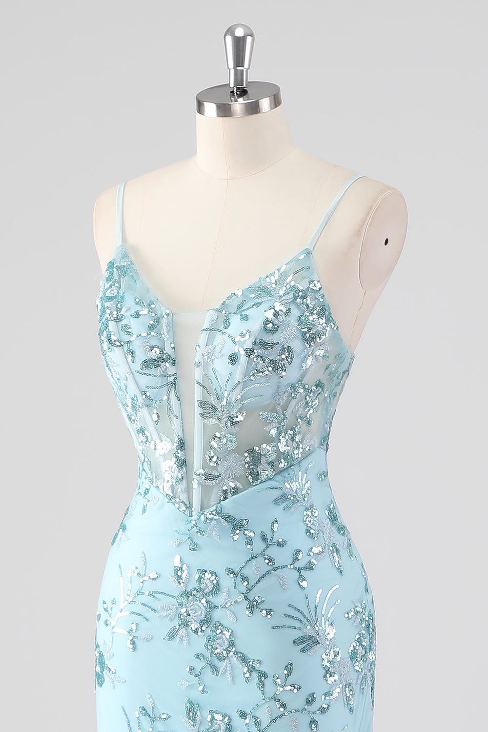 Sky Blue Mermaid Spaghetti Straps Sequin Corset Long Prom Dress with Ruffles - Image 6