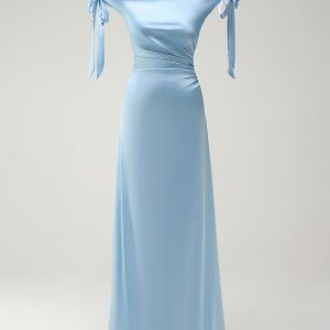Sky Blue Sheath Off the Shoulder Bow Satin Bridesmaid Dress