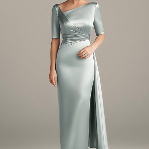 Silver Grey Sheath Satin Half Sleeves Mother Of The Bride Dress