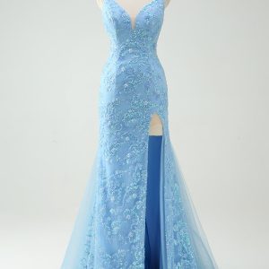 Sky Blue Mermaid Spaghetti Straps Appliqued Long Prom Dress with Slit