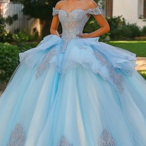 Sky Blue Tulle Off the Shoulder Princess Quinceanera Dress with Lace Appliques