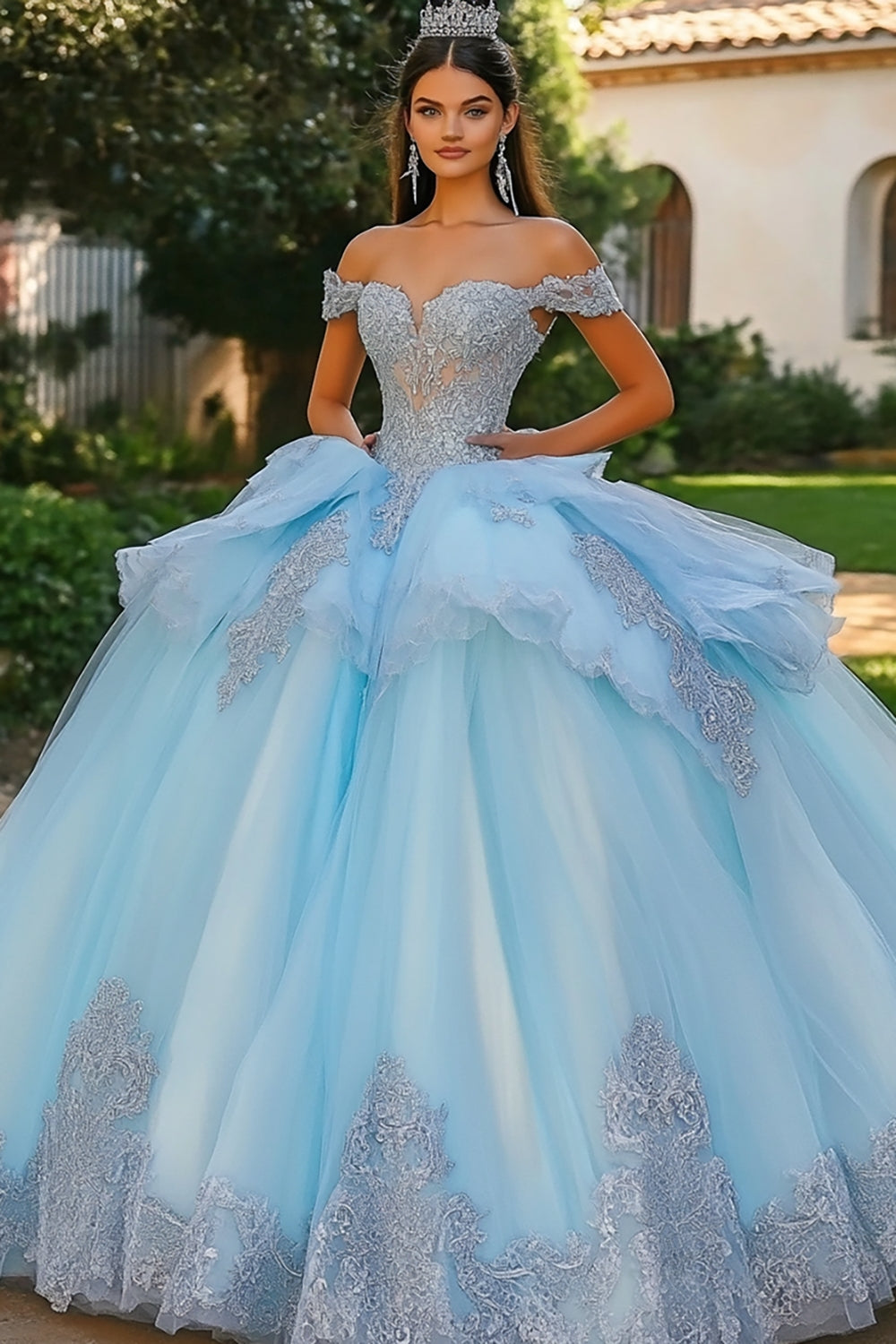 Sky Blue Tulle Off the Shoulder Princess Quinceanera Dress with Lace Appliques