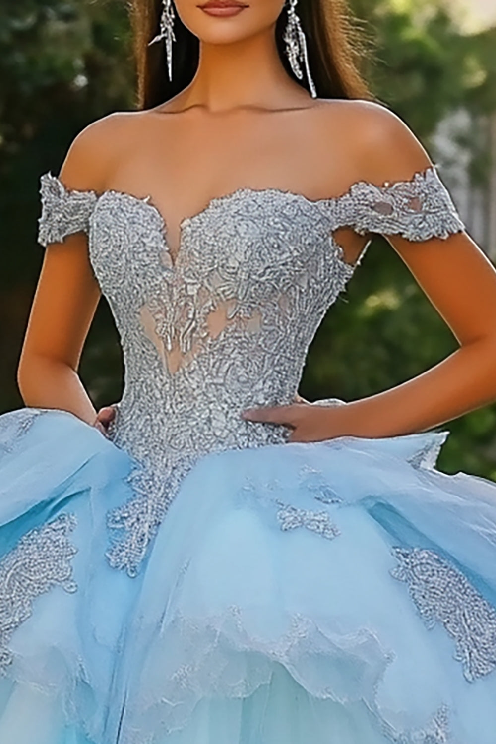Sky Blue Tulle Off the Shoulder Princess Quinceanera Dress with Lace Appliques - Image 2