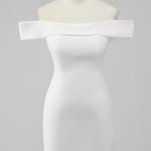 Simple Sheath Off the Shoulder Satin Short White Graduation Dress