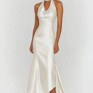 Satin Halter White Tea Length Graduation Dress