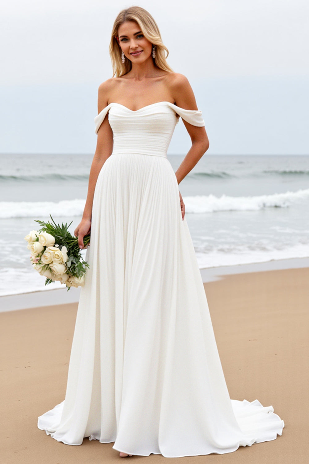 Simple Off The Shoulder Chiffon Ivory Wedding Dress