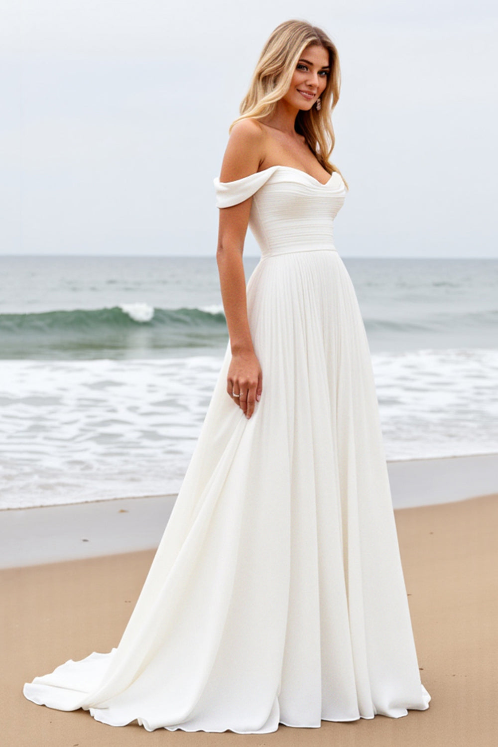 Simple Off The Shoulder Chiffon Ivory Wedding Dress - Image 2