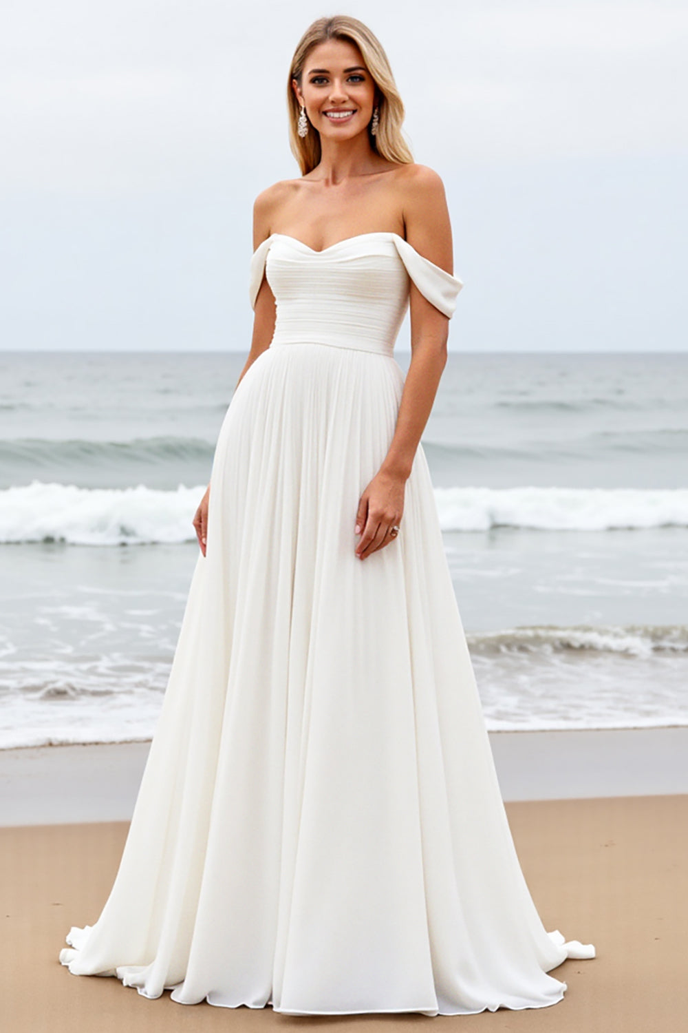 Simple Off The Shoulder Chiffon Ivory Wedding Dress - Image 3