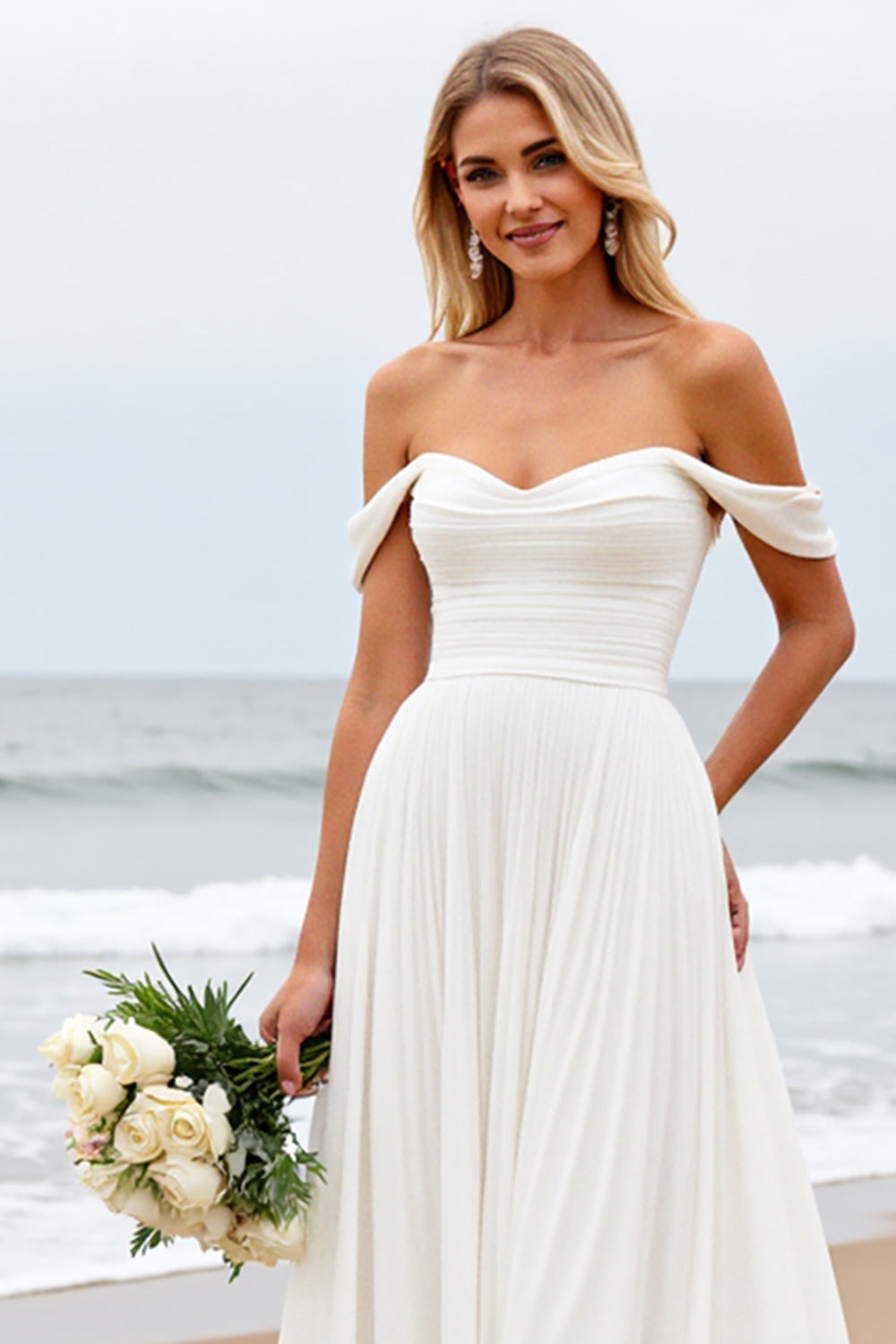 Simple Off The Shoulder Chiffon Ivory Wedding Dress - Image 6