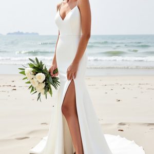 Simple Ivory Satin Mermaid Wedding Dress with Slit