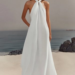 Simple White Halter A Line Chiffon Engagement Dress