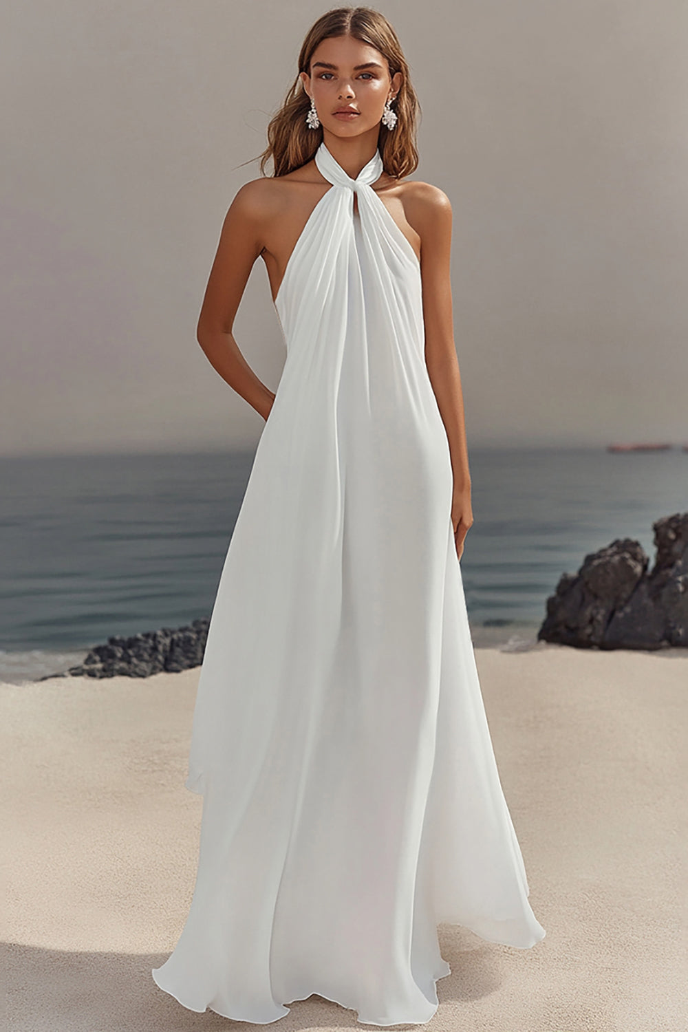 Simple White Halter A Line Chiffon Engagement Dress